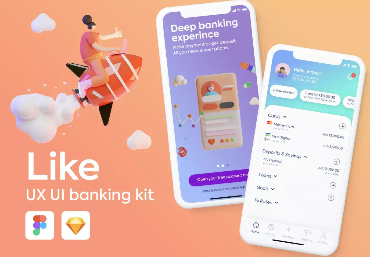 Like banking UX UI Kit | Sketch & Figma | +free icons