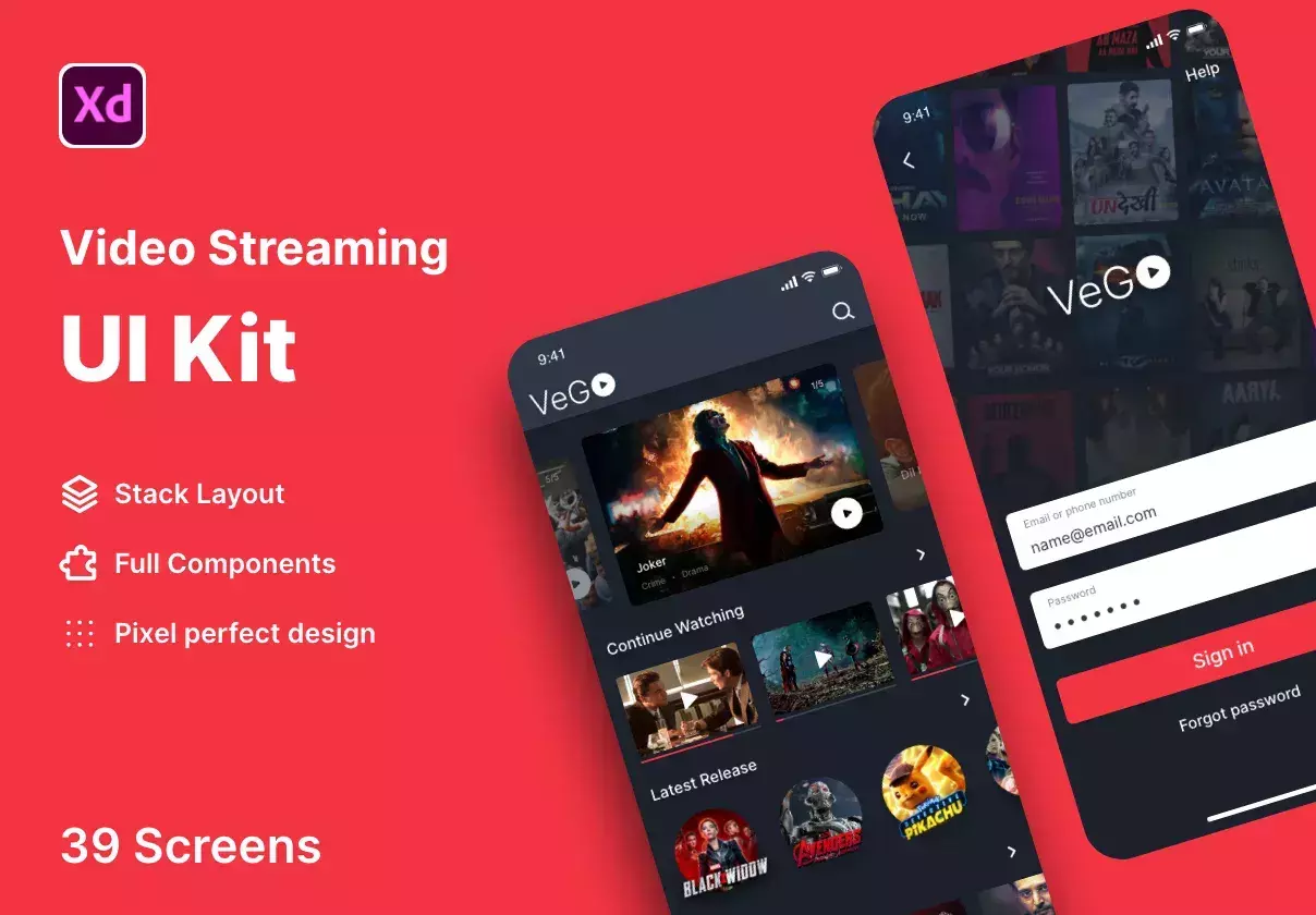 Vego Video Streaming Mobile App Adobe XD