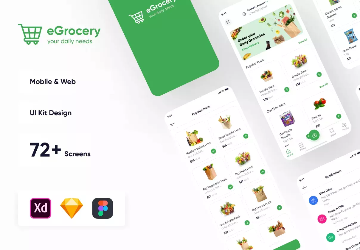 E Grocery is a grocery product order IOS app UI kit design. It has 72+  modern clean app UI Screens for Sketch, Figma & Xd