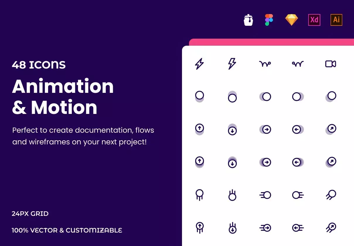 48 Animation & Motion Icon Pack icons for Sketch, Figma, Illustrator and Adobe XD