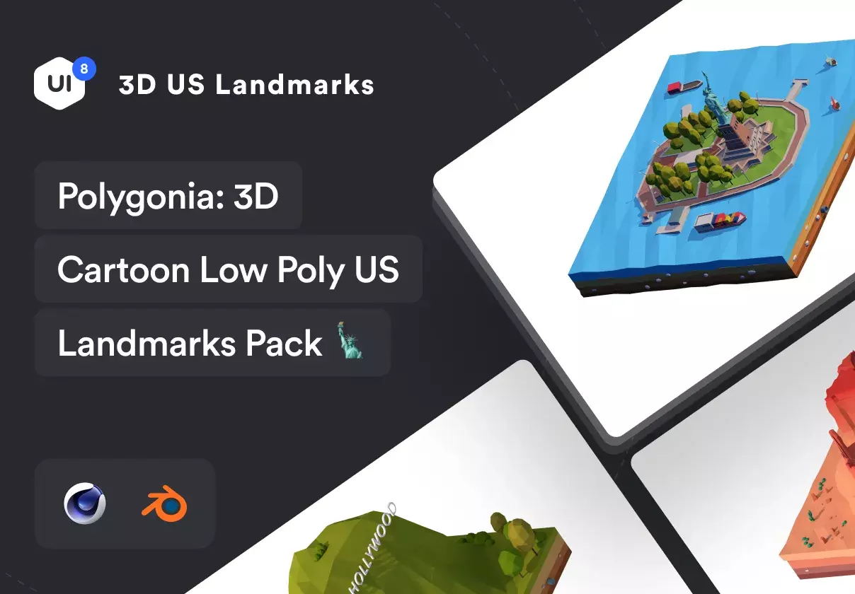 Cartoon US Landmarks Low Poly 3d Asset