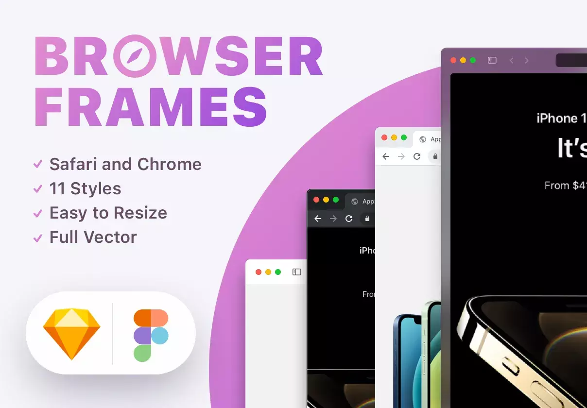 Safari & Chrome Browser Frames — 11 Styles: Big Sur, Clay, Neumorphic, Glass, Dark and more...