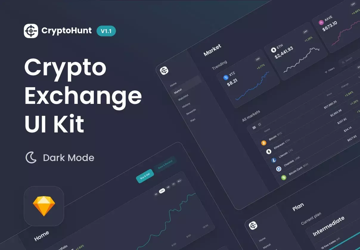 CryptoHunt | Design System for Sketch (Dark Mode)