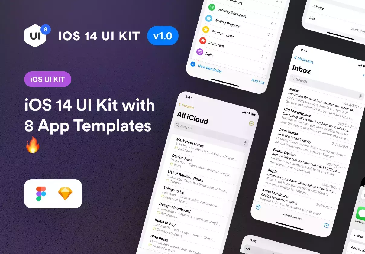 iOS 14 UI Kit with 8 App Templates