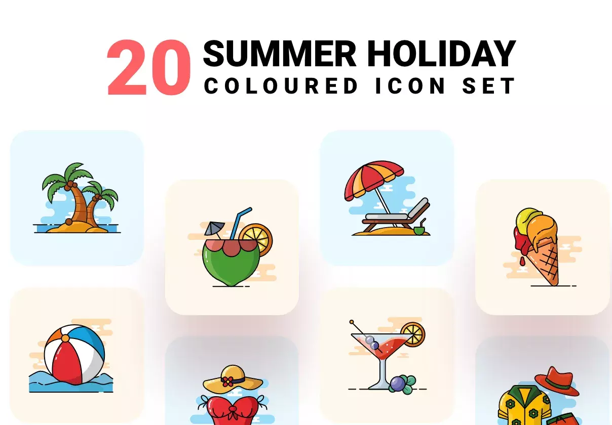 Summer holiday - Coloured icon set