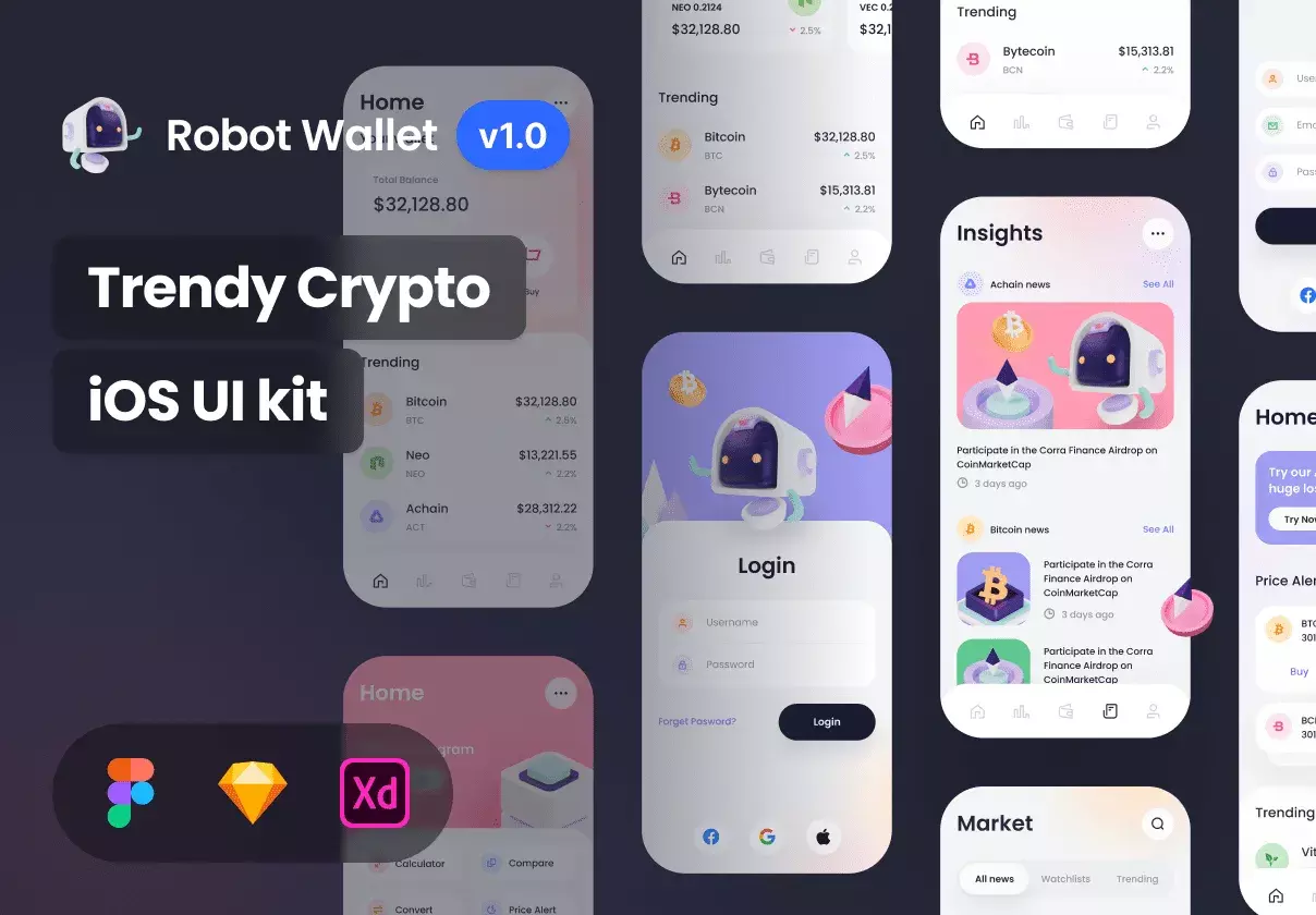 Beautiful crypto wallet iOS UI design kit