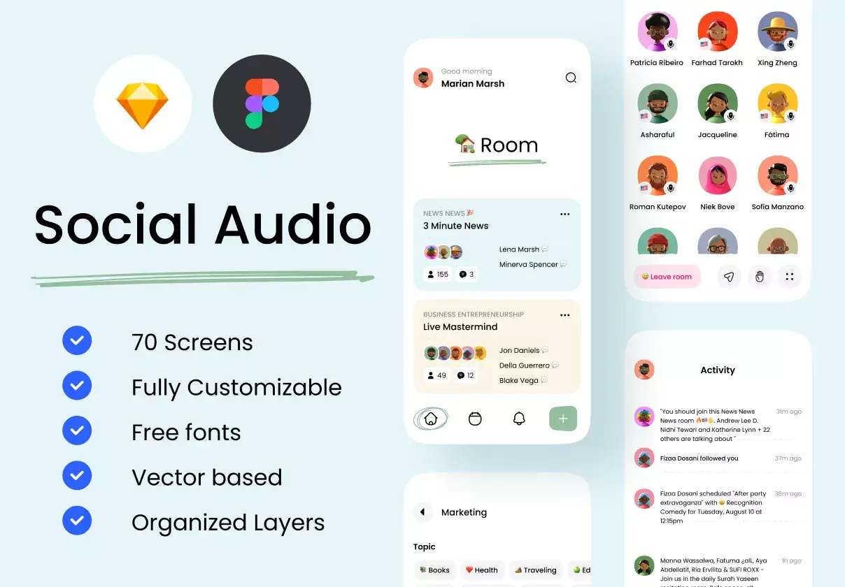 The Social Audio App UI Kit | 70 Screens | Available for Figma & Sketch