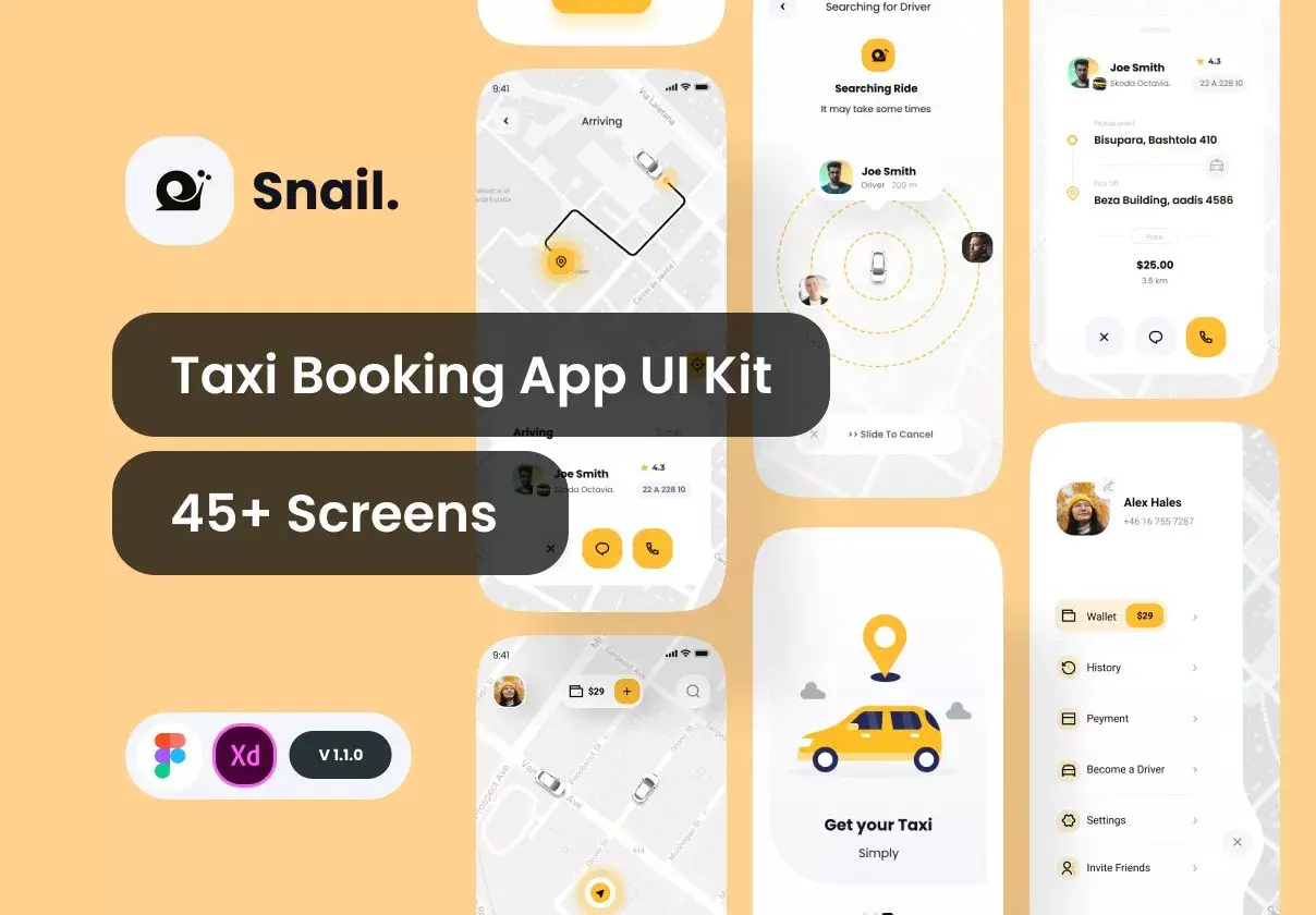 Snail Taxi booking app UI Kit