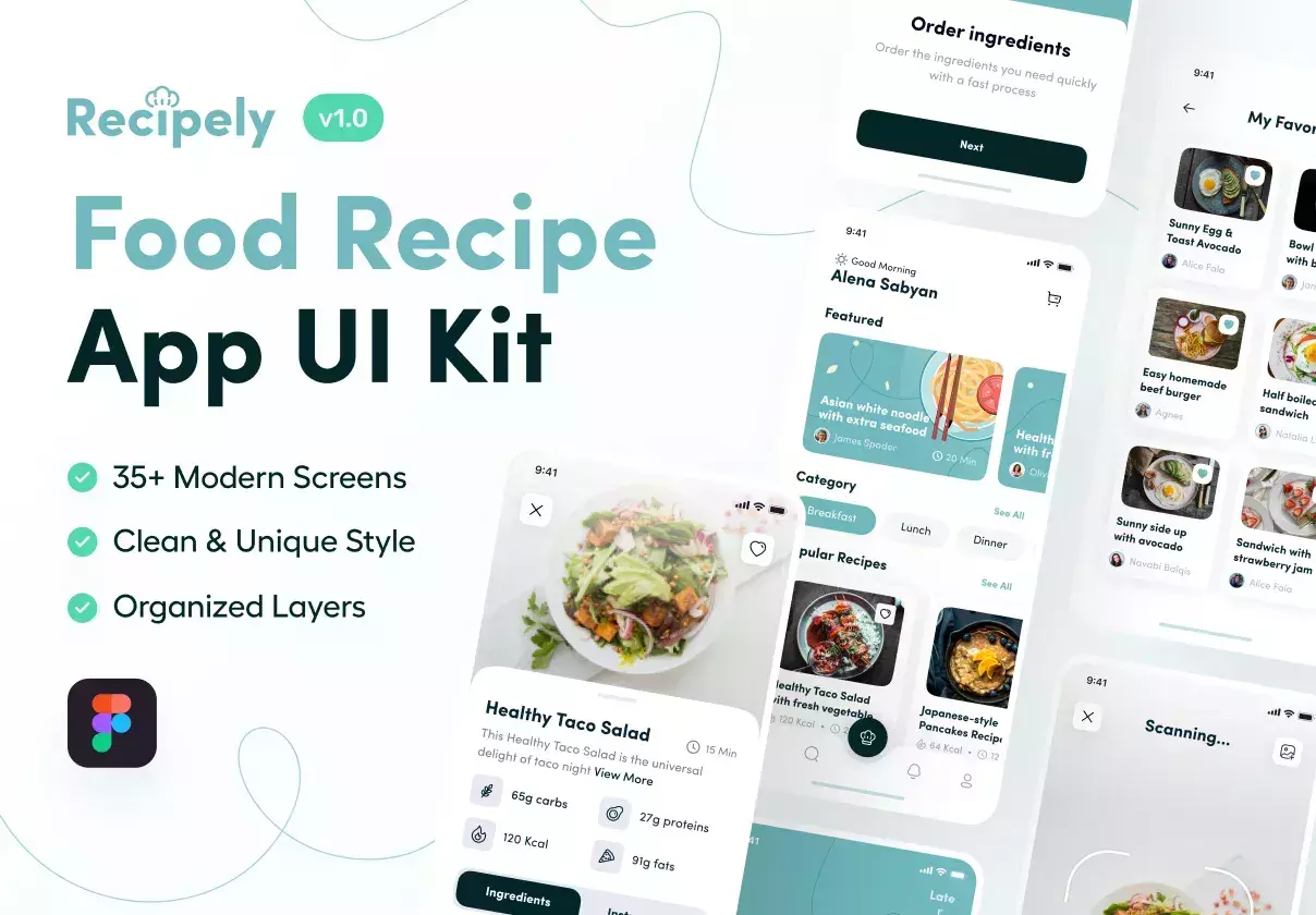 Mobile App UI Kit for Food Recipe App, Culinary App, and More.