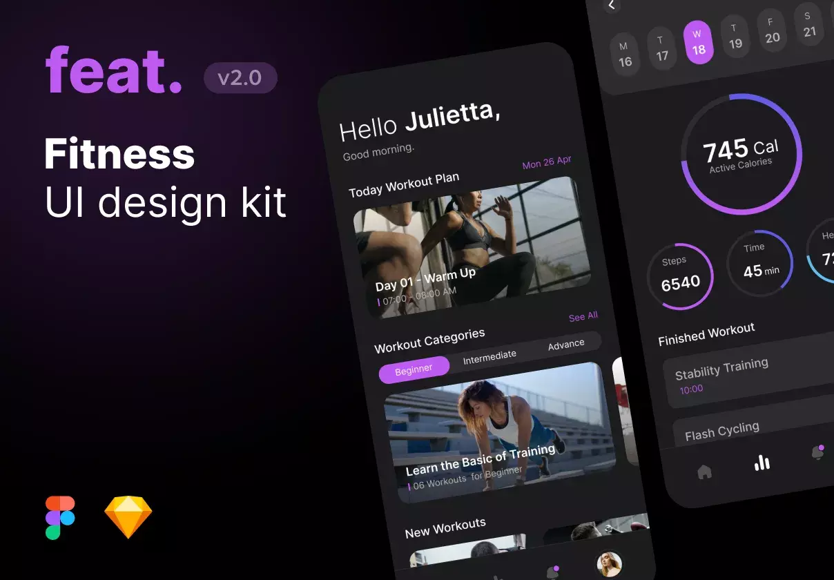 High quality fitness UI design kit for Figma and Sketch