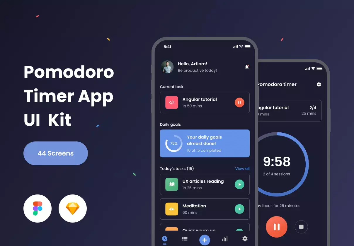 Pomodoro iOS UI Kit - Productivity task manager