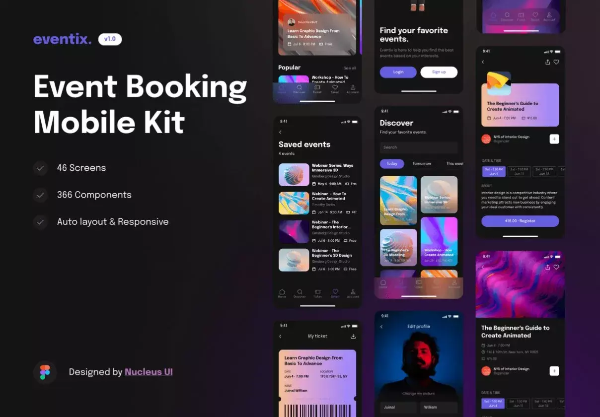 Eventix – Event booking / ticketing mobile app UI kit