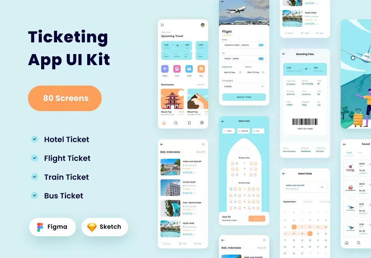 Booking Ticketing Flight, Hotel, Train, Bus App UI Kit