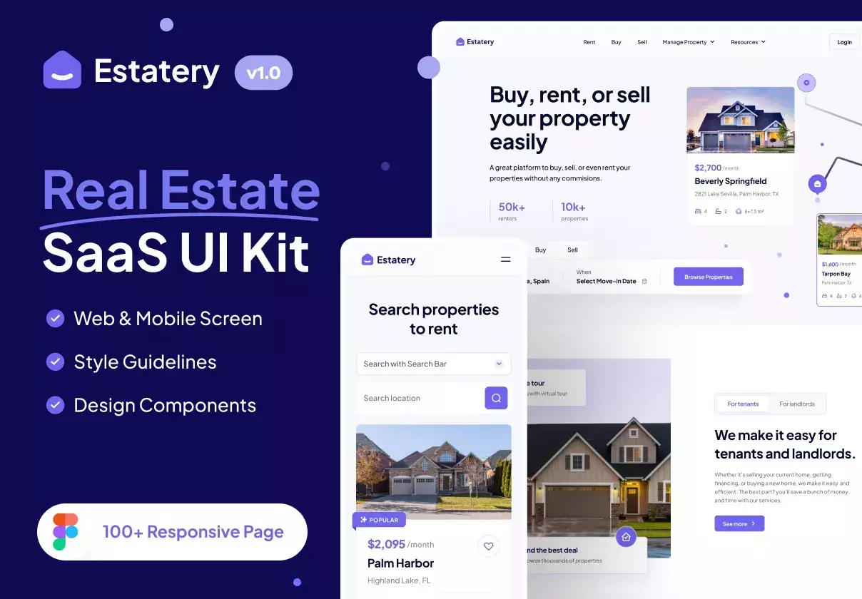 Real Estate SaaS Landingpage, Dashboard, and Mobile for Figma