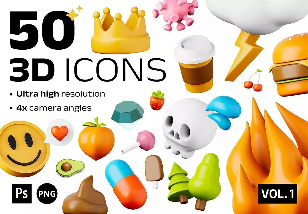 50 unique 3D cartoon emoji icons pack