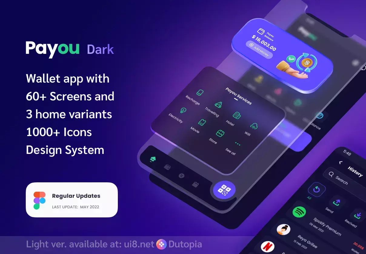 Payou digital wallet app Dark UI kit