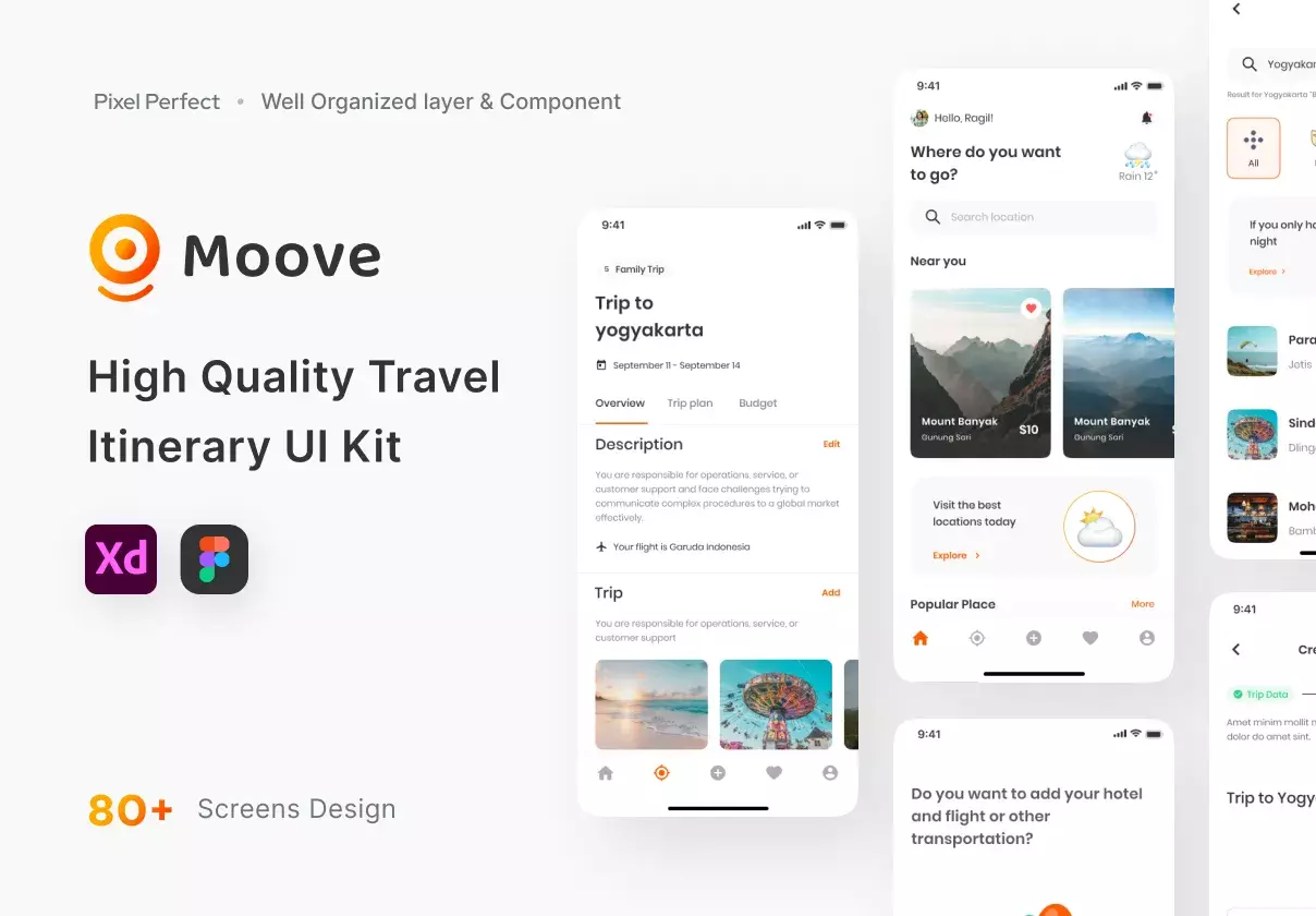 Moove - Travel Itinerary Mobile App UI Kit