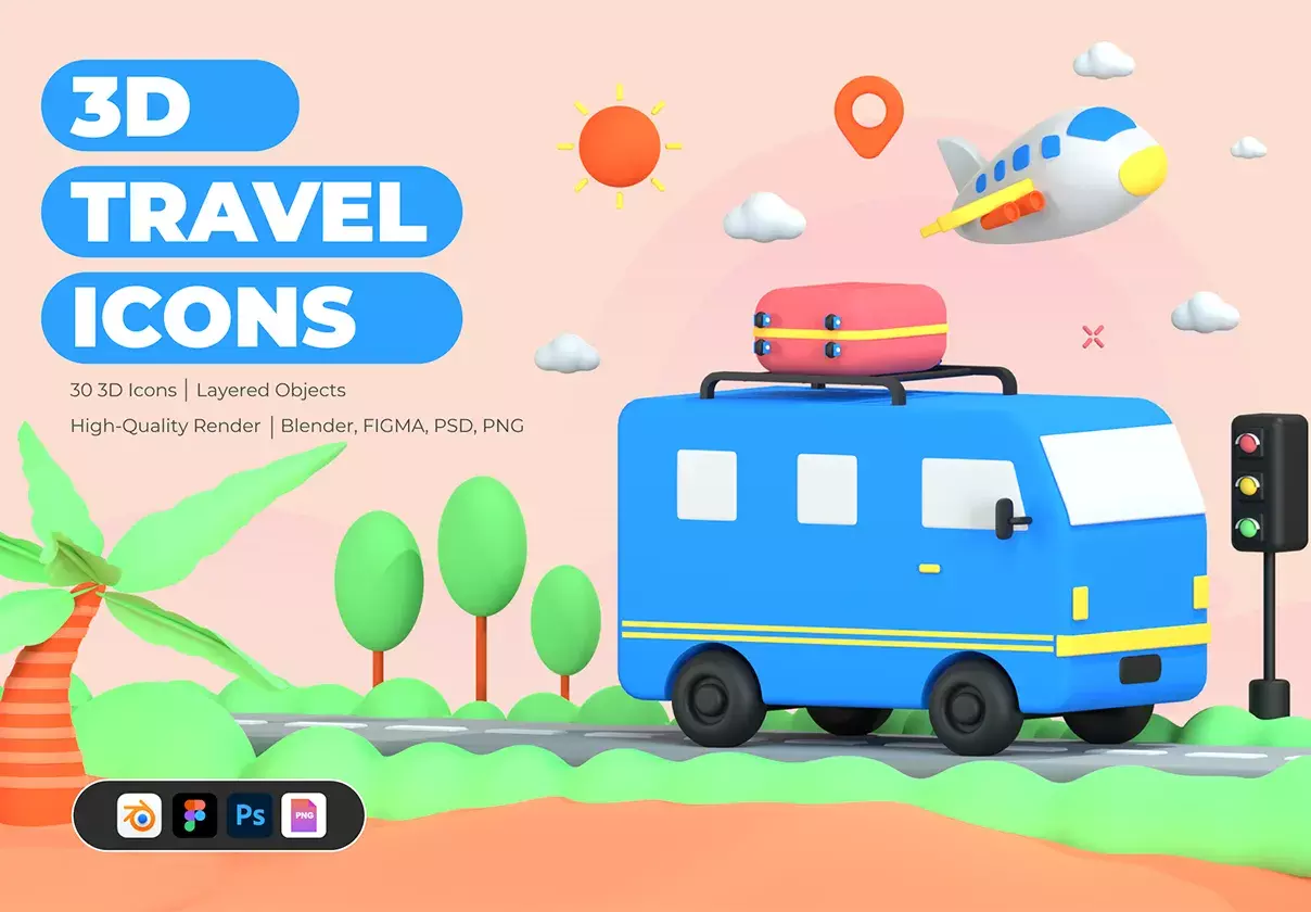 Premium 3D Travel Icons for your web pages, apps, marketing and presentation design.