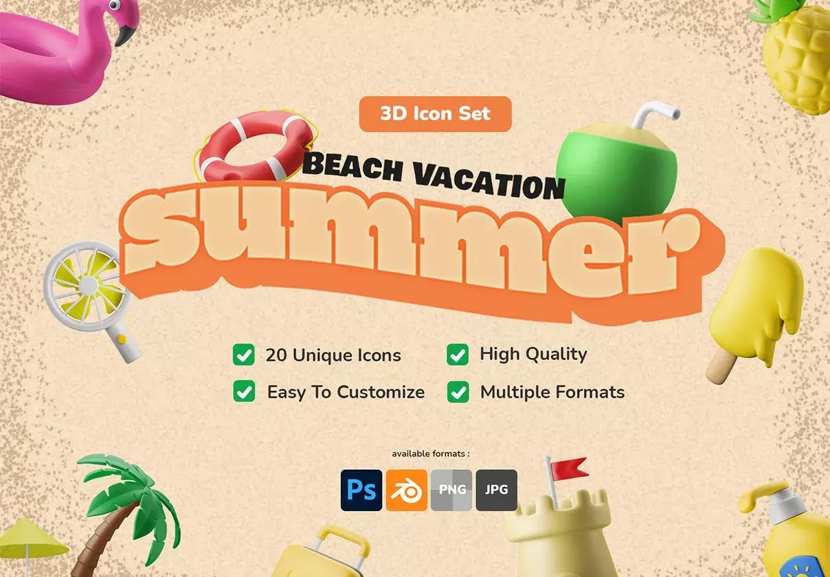 3D Icon Set - Summer Theme Beach Vacation