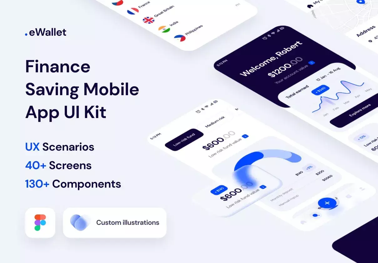 eWallet is a premium finance-saving Mobile App UI Kit containing 40+ high-quality screens.