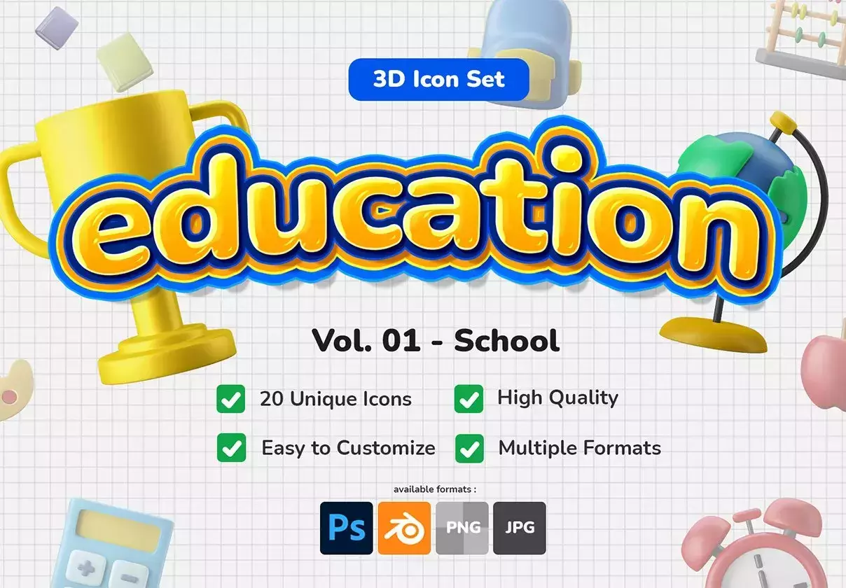 3D Icon Set - Education School Theme