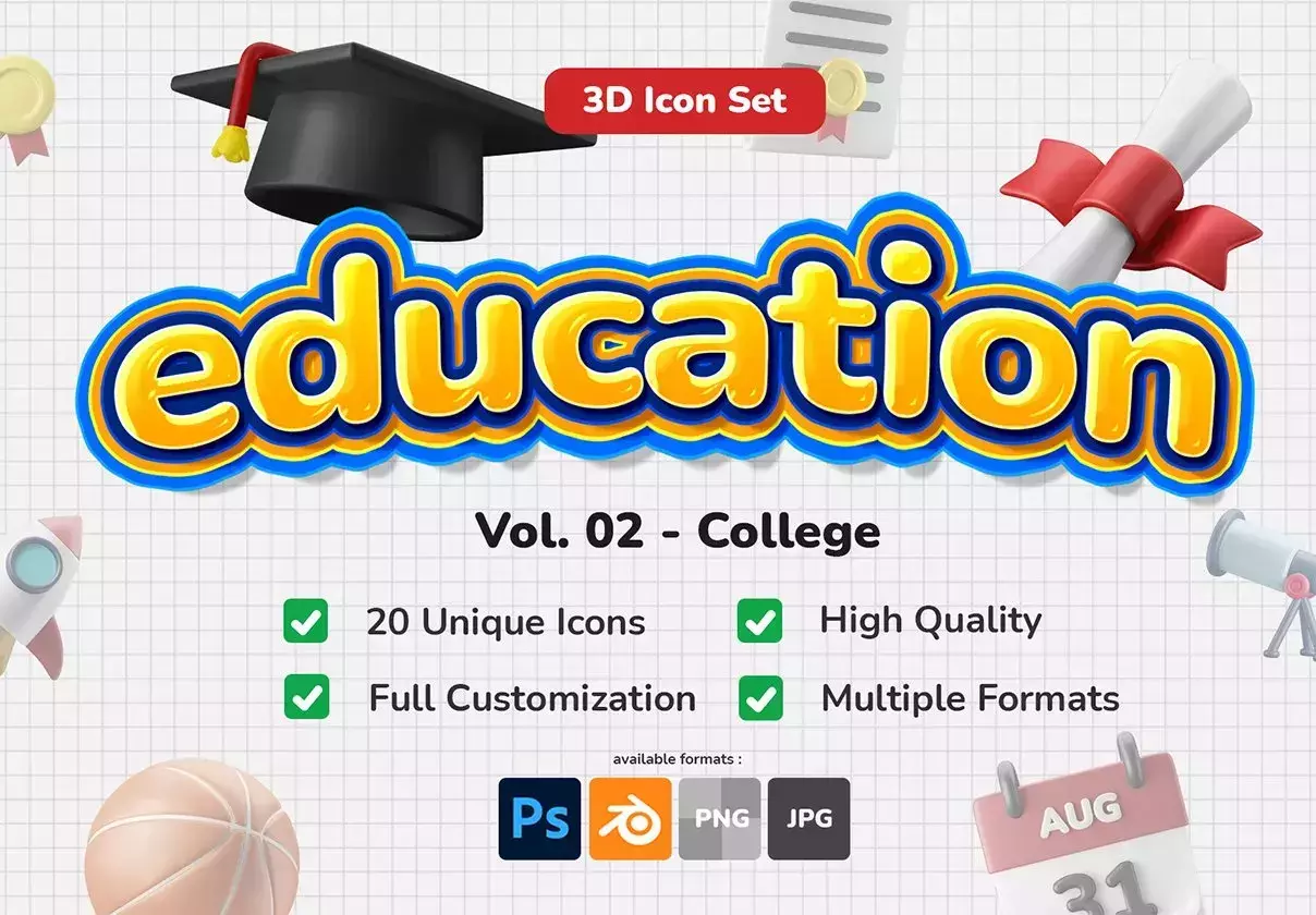 3D Icon Set - Education College Theme