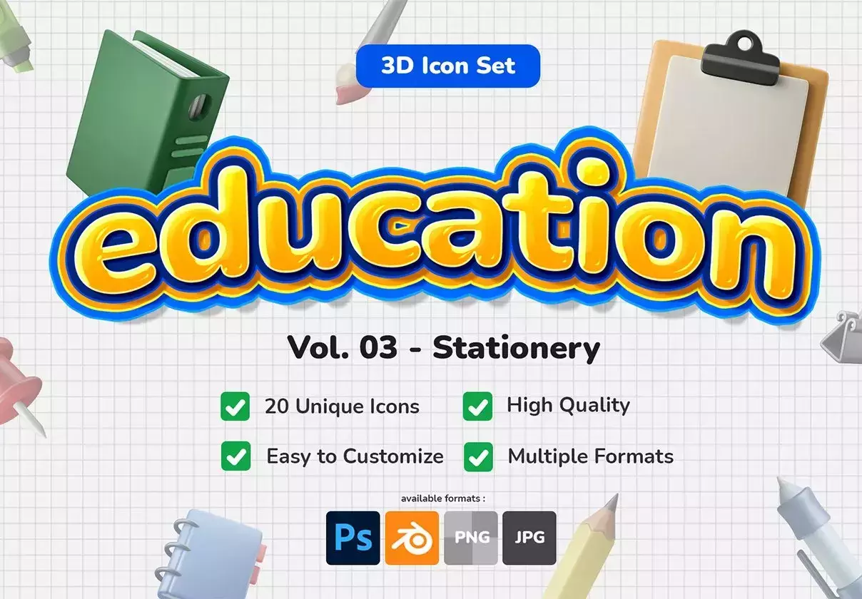 3D Icon Set - Education Stationery Theme