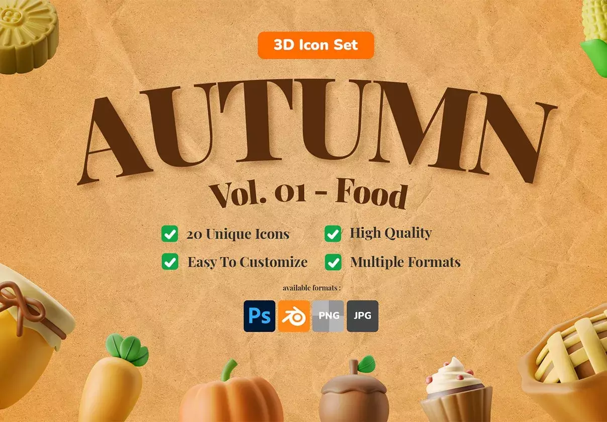 3D Icon Illustration Set - Autumn Food Theme