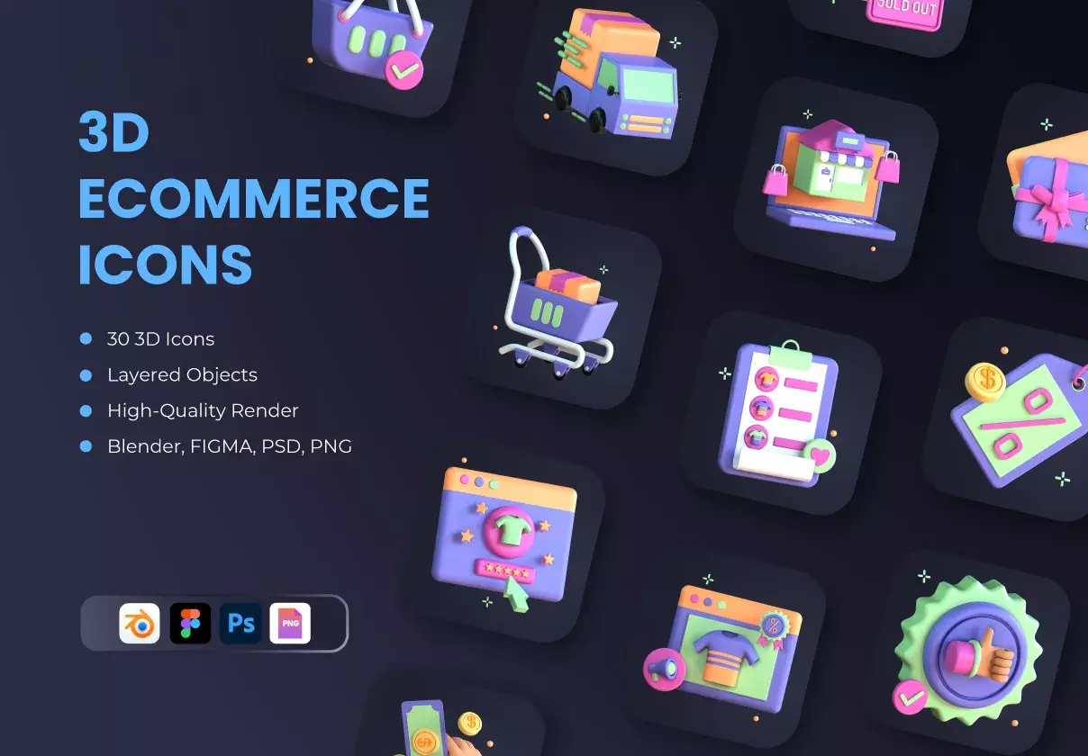 30 3D eCommerce Icon Set