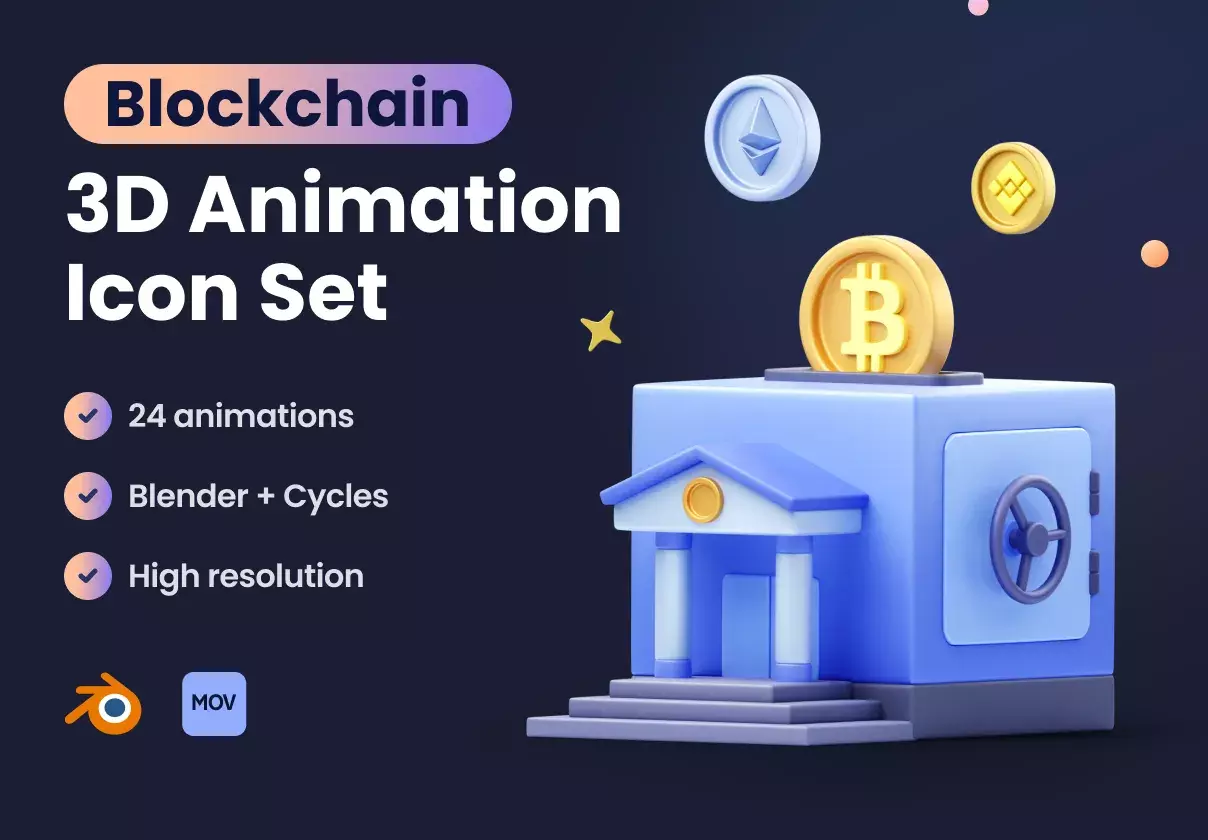 Beautiful blockchain 3D Animation icon set for your next projects