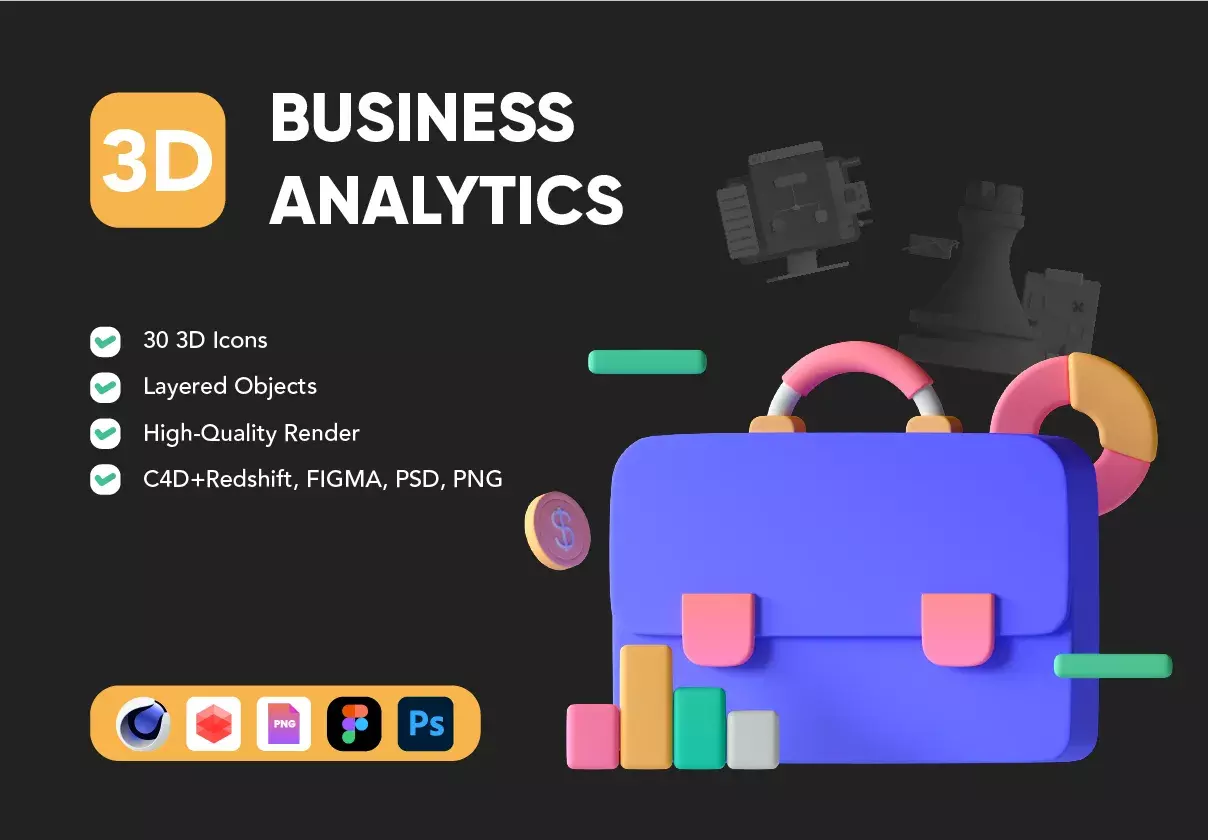 30 3D Business Analytics Icon Set