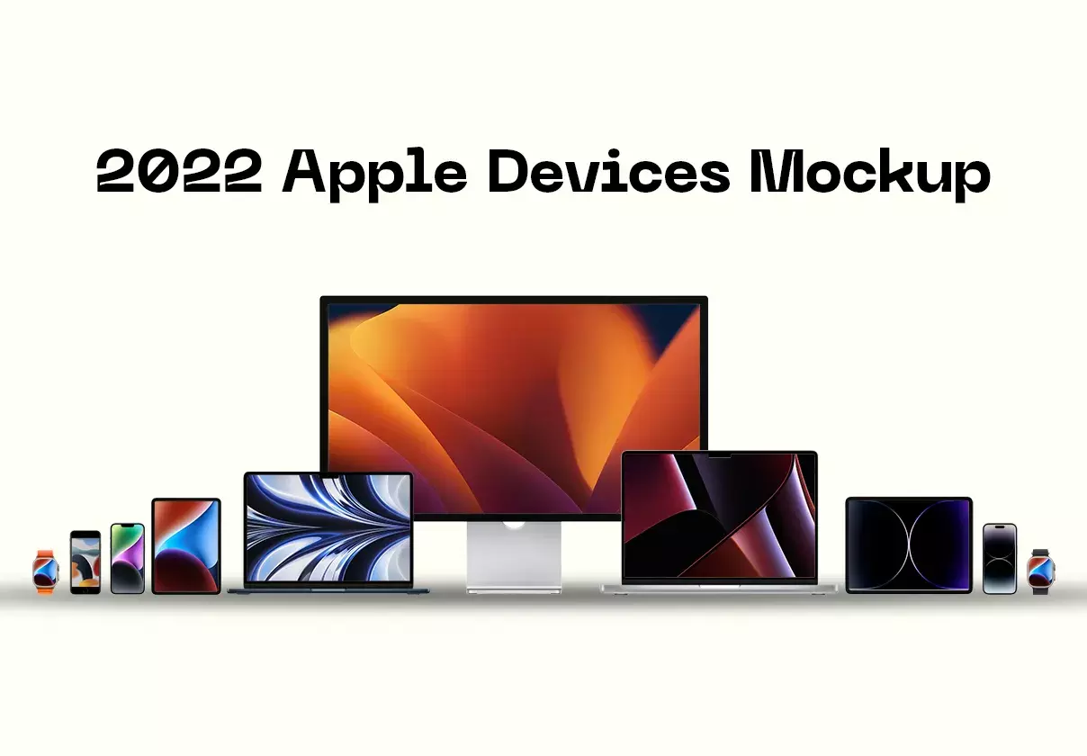 2022 Apple Device Mockup PSD - iPhone 14, 14 Pro, Macbook, Apple Watch, iPad, Studio Display and more