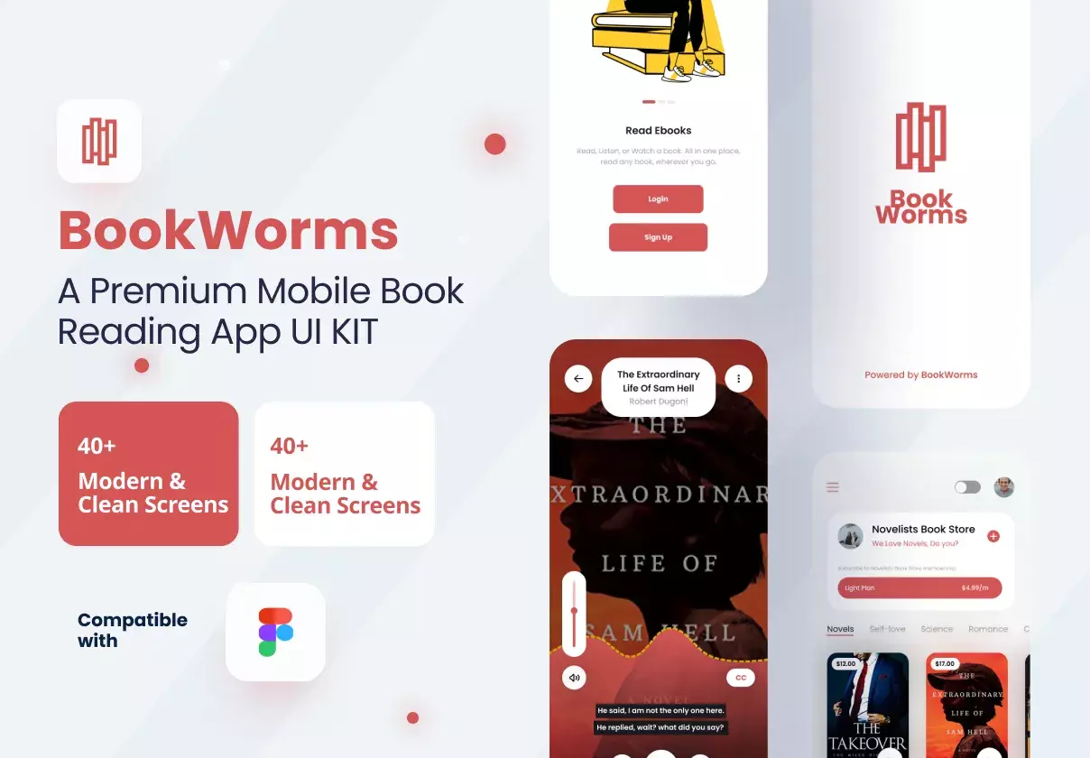 BookWorms - An Ebook Reading, Audio, Video Books Mobile App UI Kit