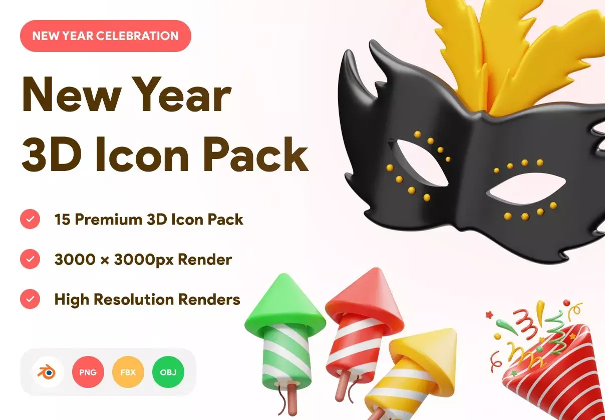 15 ready-made 3D New Year Celebration Icon file objects for Websites, Mobile Apps, and more. Enhance your designs with 3D Assets.