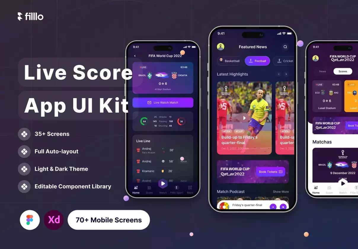 Filllo Live Score App UI Kit has been designed by a sports & game lover, who understands the importance of this app.