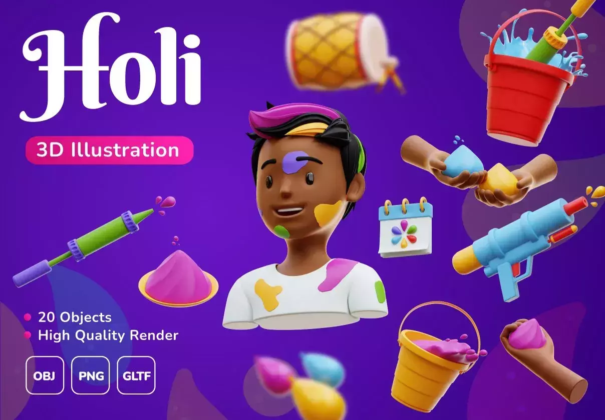 Holi Festival - 3D illustration Pack