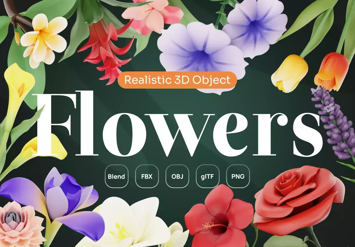 Semi-realistic 3D Icons with various types of Flowers