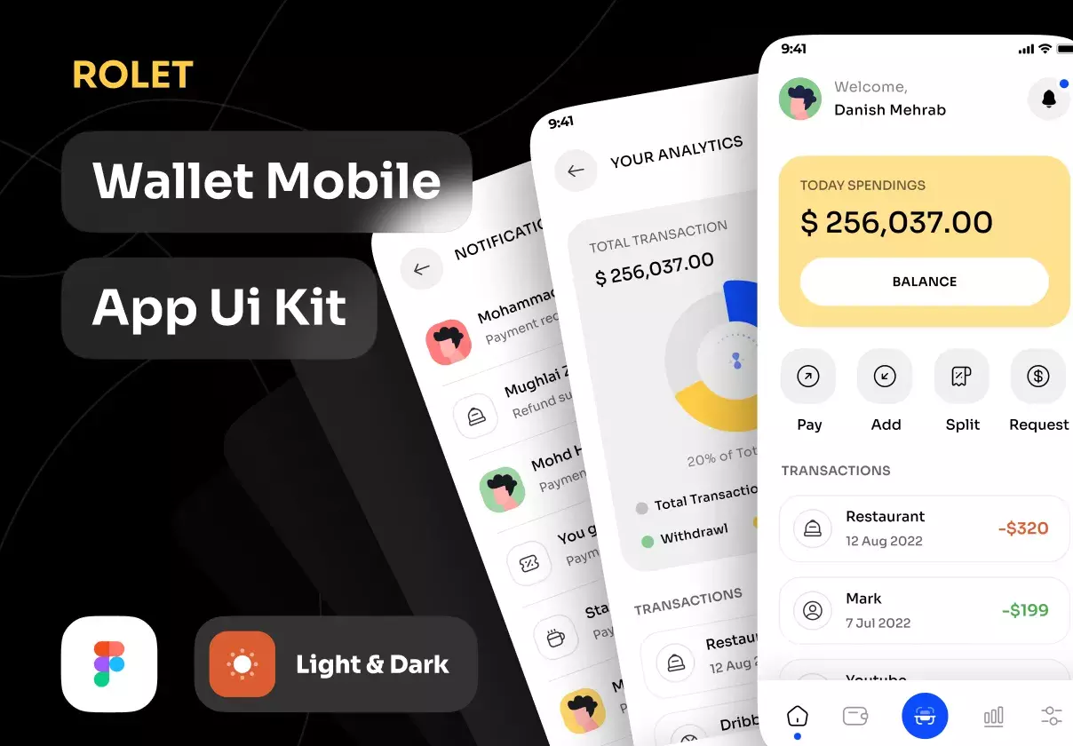 Rolet Wallet App ui kit with Amazing design and Light/Dark mode