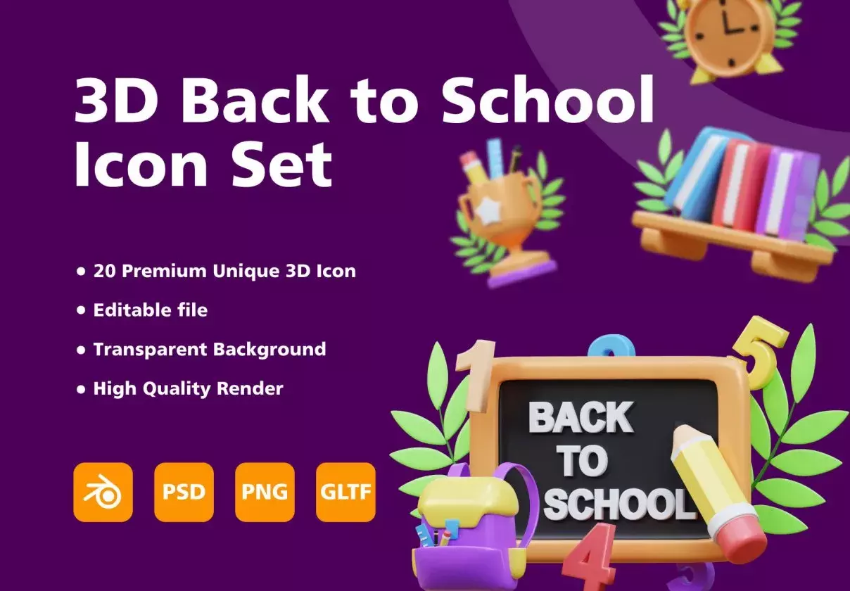 3D Back to School Item icon set