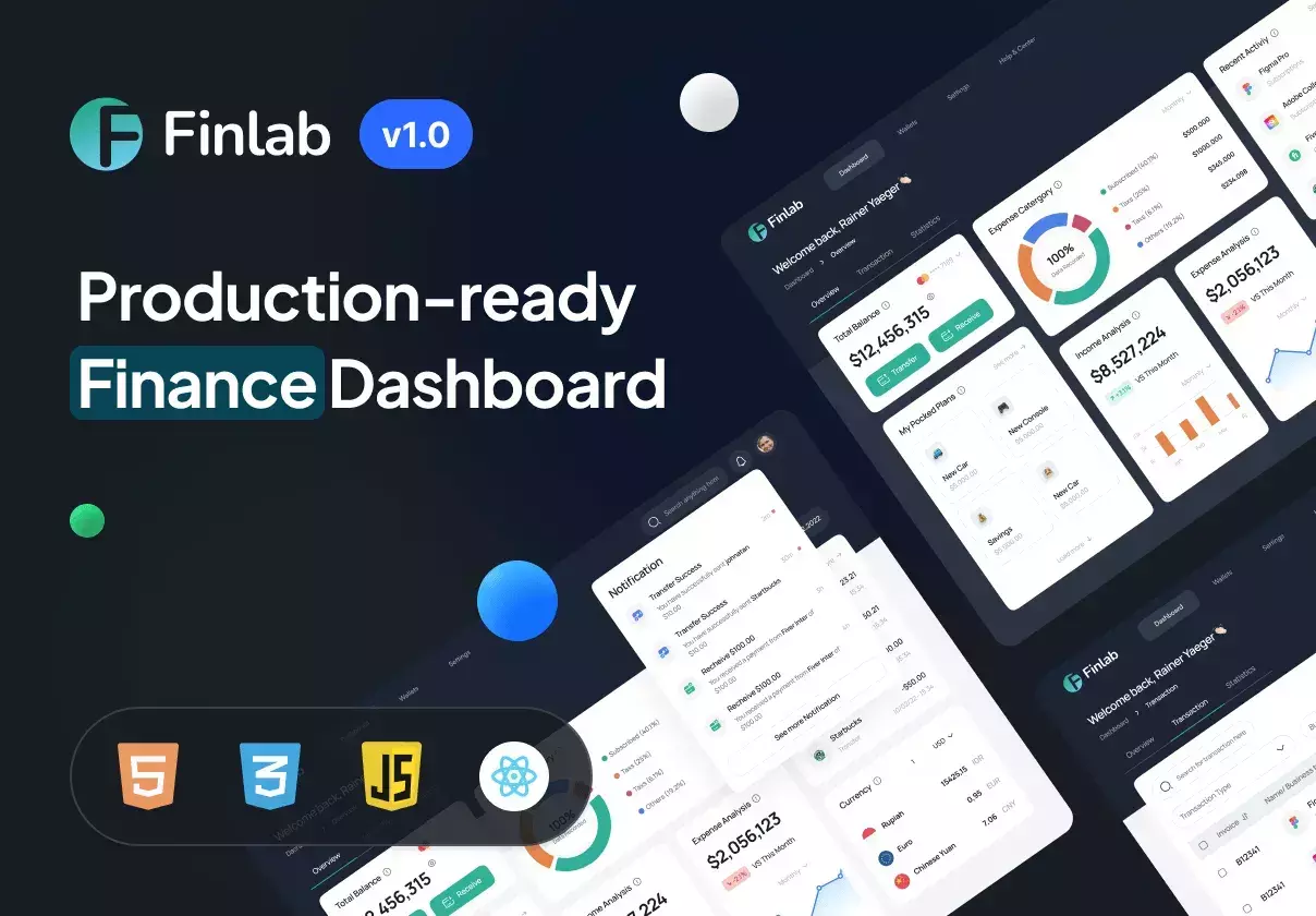 Production-ready finance dashboard coded in ReactJS and HTML