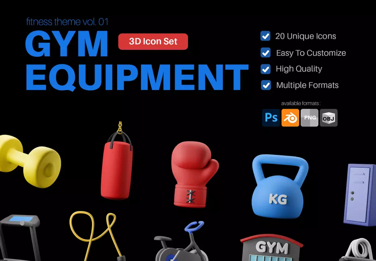 Fitness Gym Equipment 3D Icon Pack