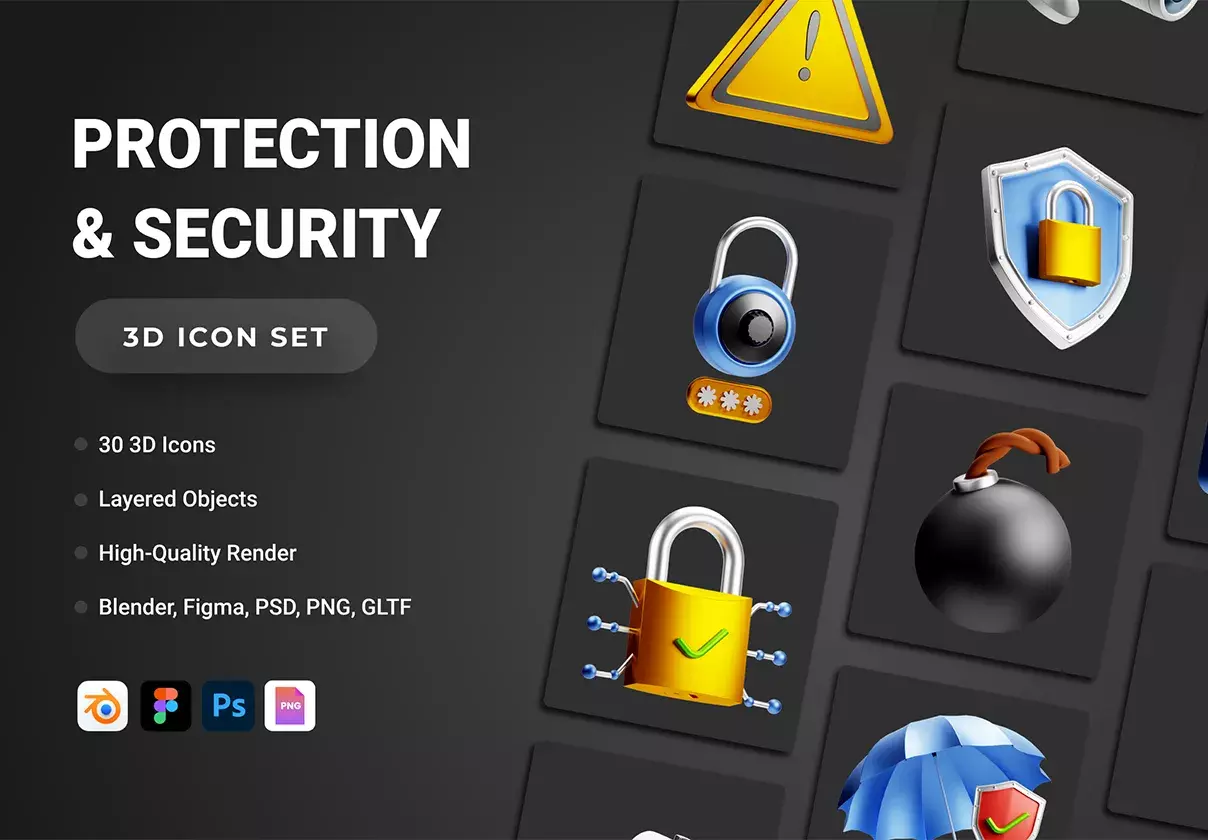 30 3D Protection and Security Icon Set