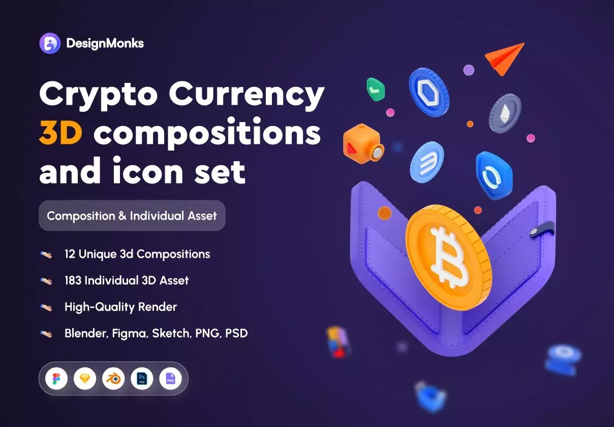 Crypto Currency 3D compositions and icon set