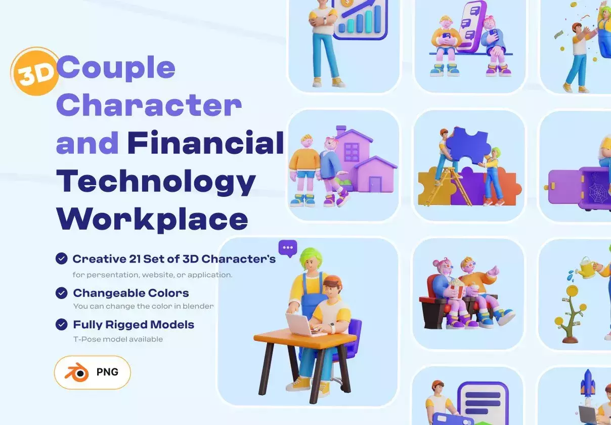 3D Couple Character and Financial Technology Workplace