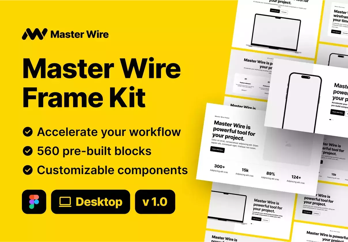 Master Wire Frame Kit with 560 pre-build blocks for Figma wireframing