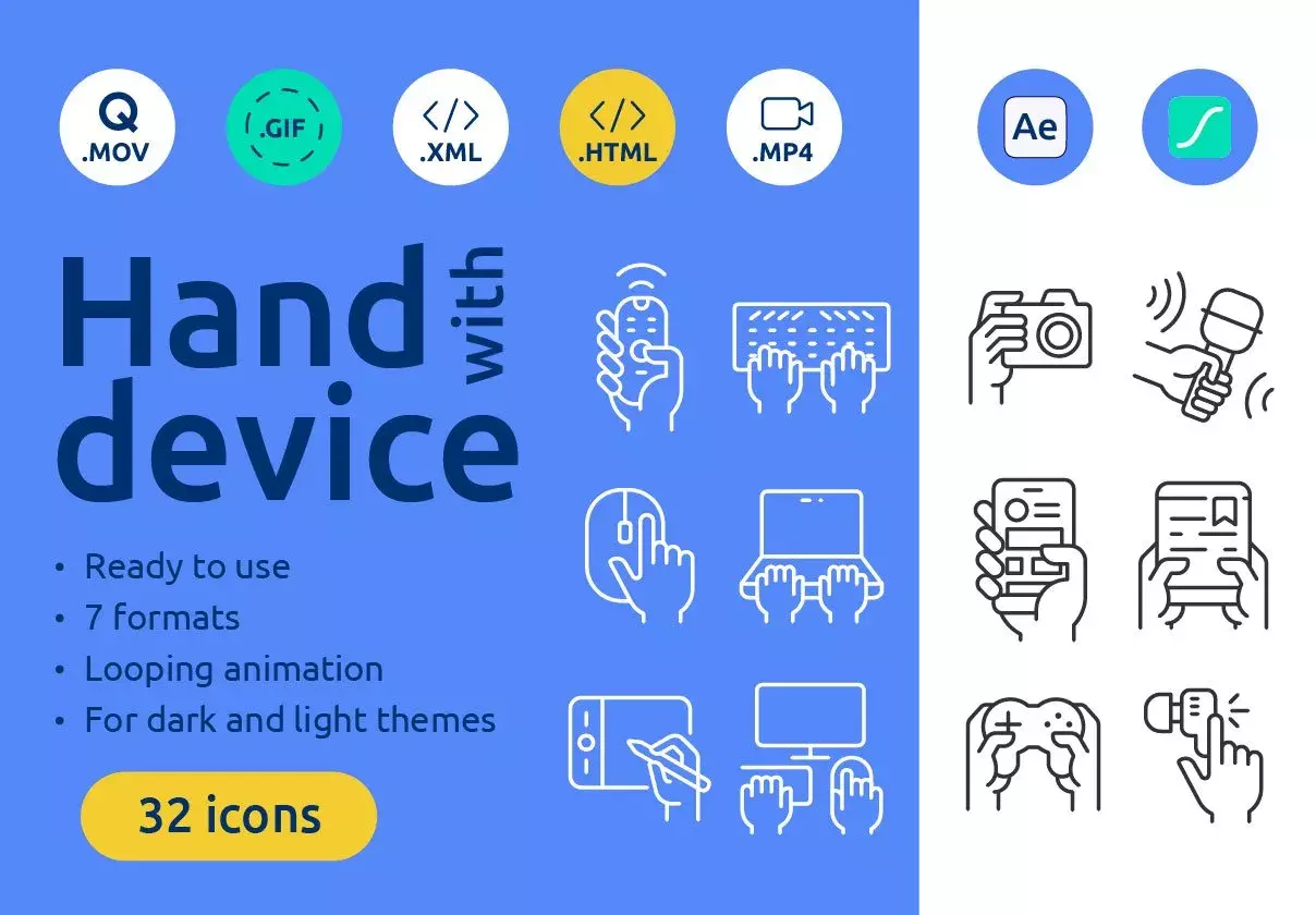 Animated devices in hands line icons