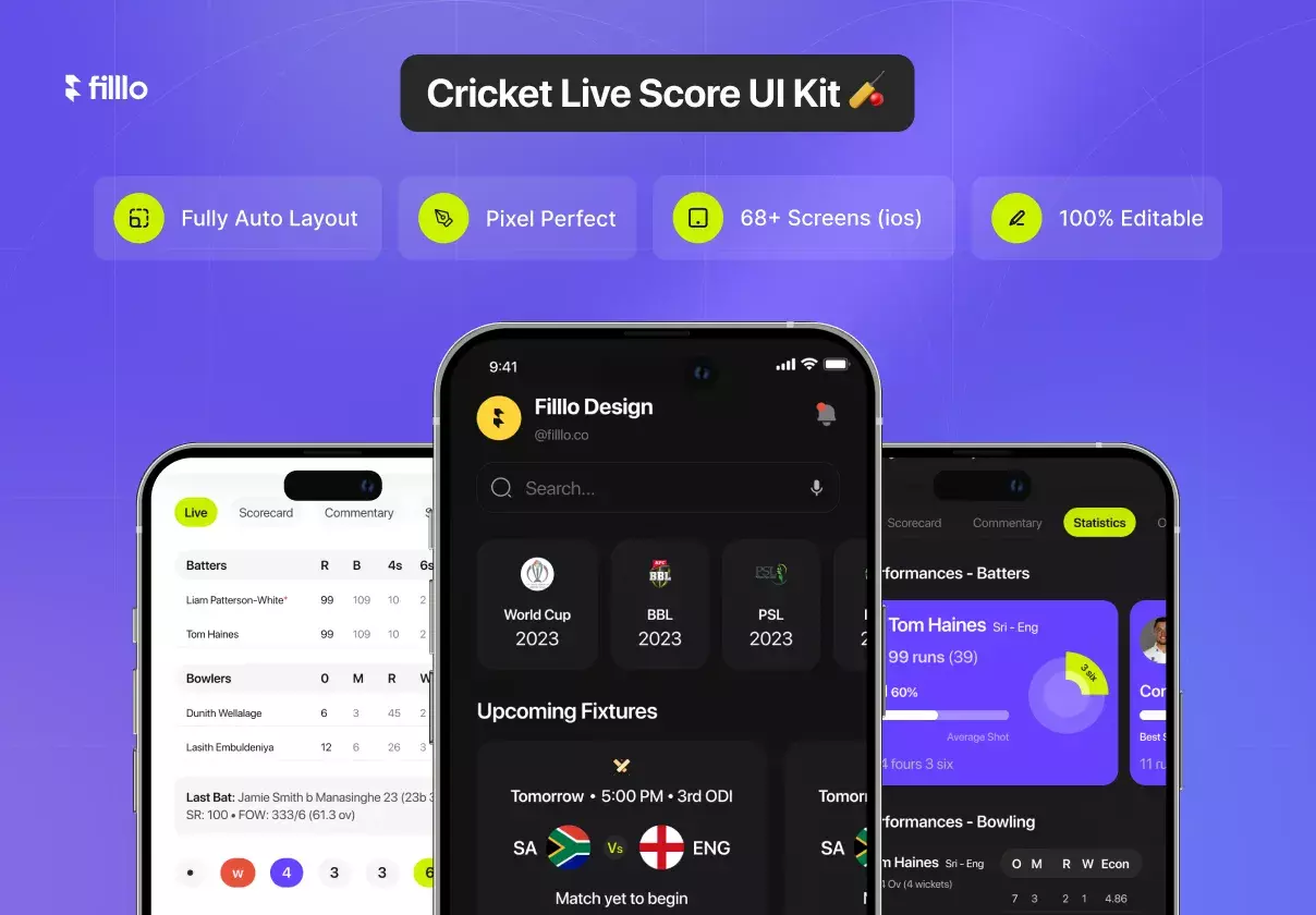 Filllo Cricket live Score UI Kit