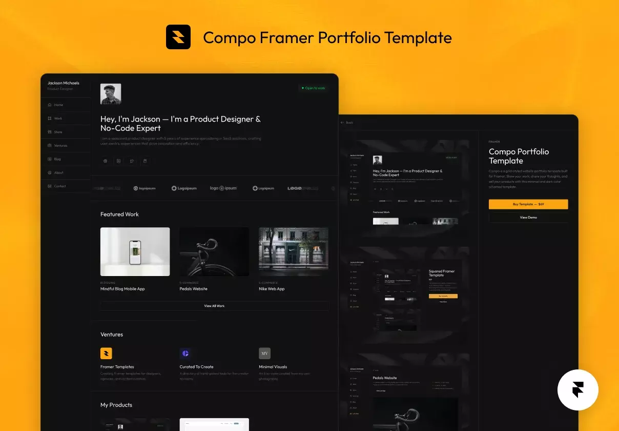 A grid-styled portfolio template built for Framer