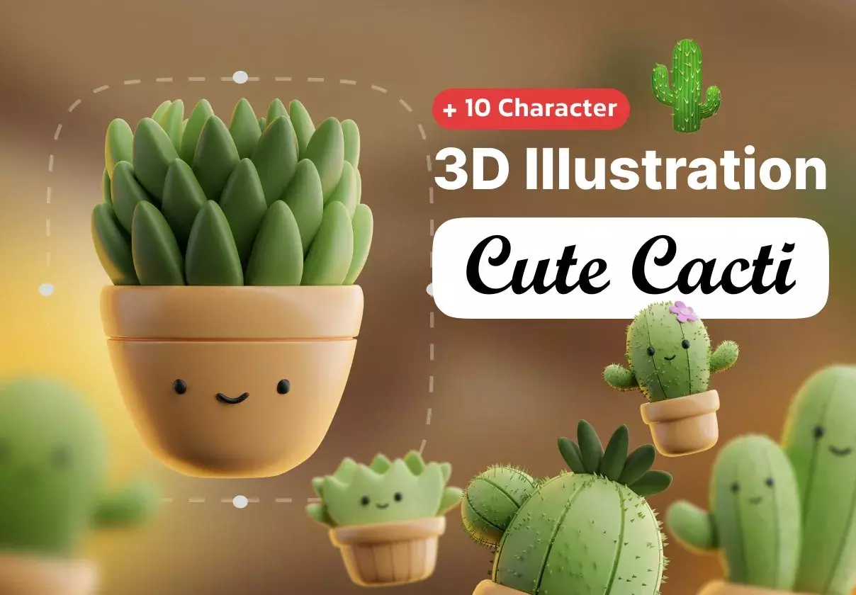 Cute cacti 3d illustrations