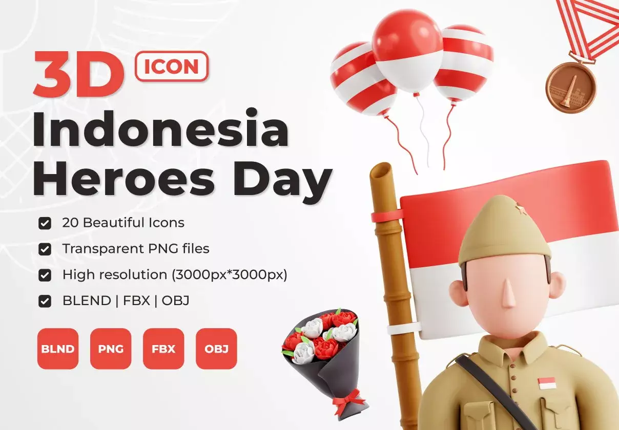 Indonesia Hero Day 3D Icon Set